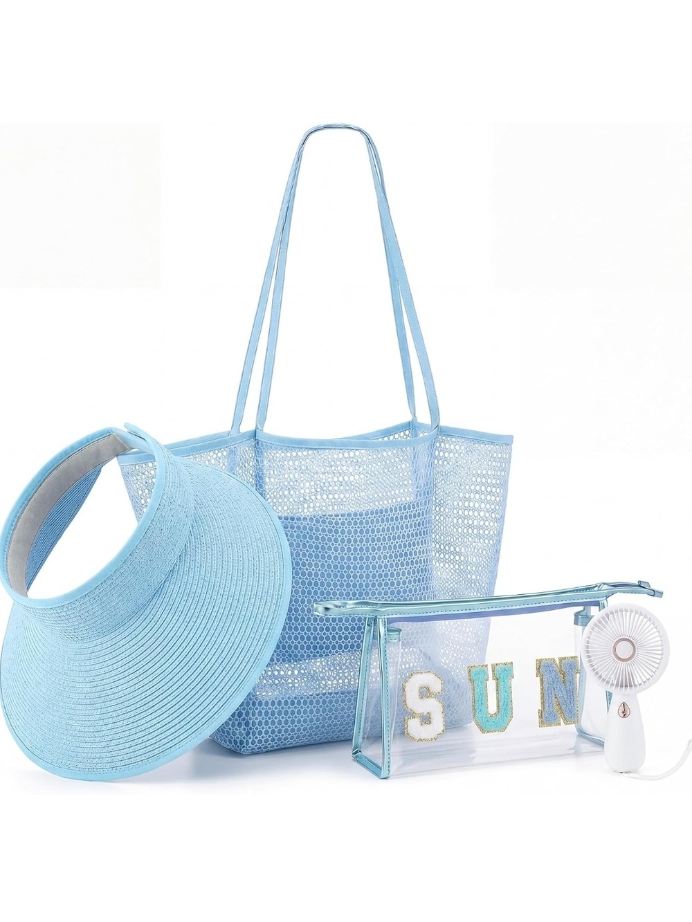Light Blue Beach Tote & Visor Set